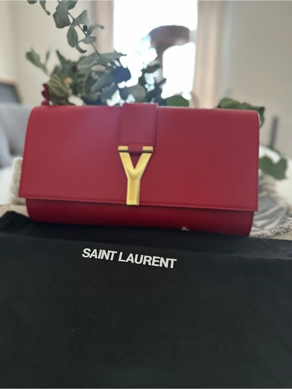 AUTHENTIC Saint Laurent Calfskin Red Leather Y-Closure Clutch with Gold Hardware